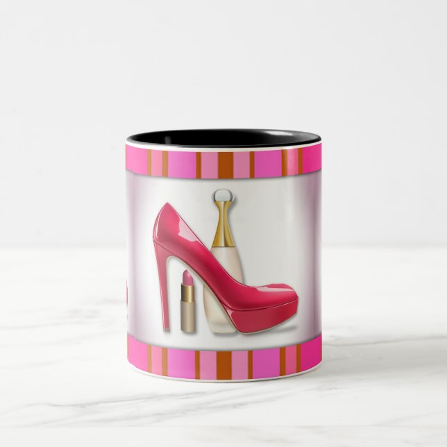 Pink High Heel Perfume Lipstick Two-Tone Coffee Mug (Center)