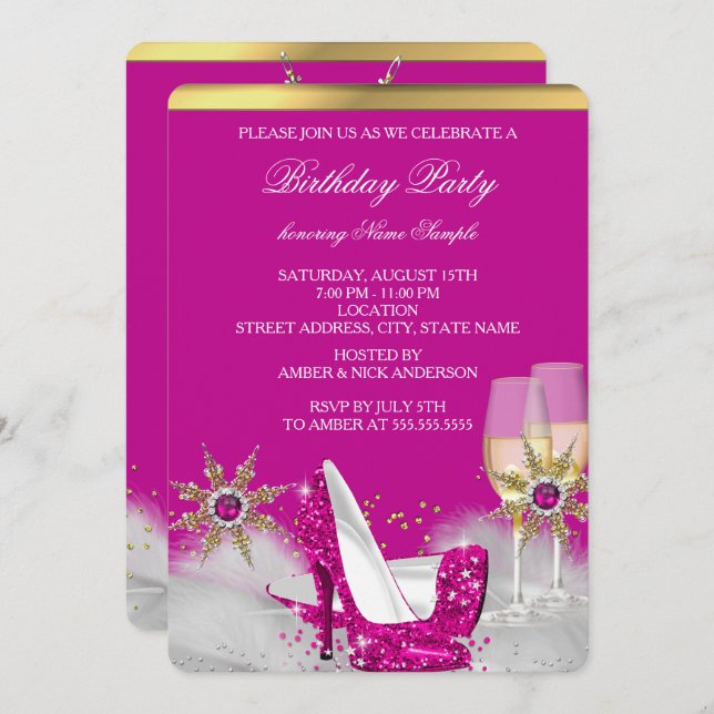 Pink High Heel Shoes Silver Gold Champagne Party 2 Invitation (Front/Back)