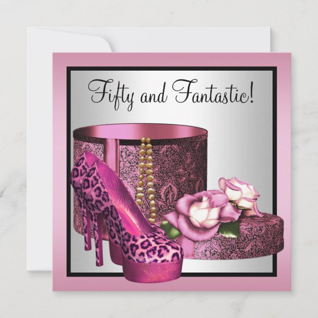 Pink High Heel Shoes Womans Leopard 50th Birthday Invitation (Front)