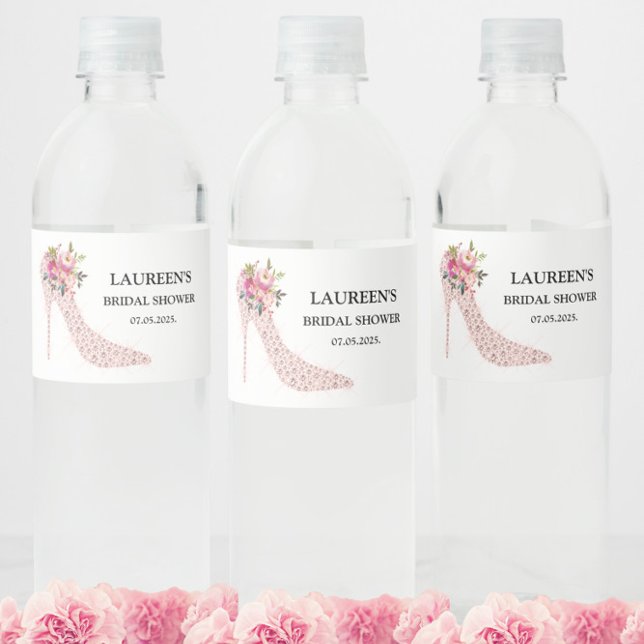 Pink High Heels Bridal Shower Water Bottle Label (Creator Uploaded)
