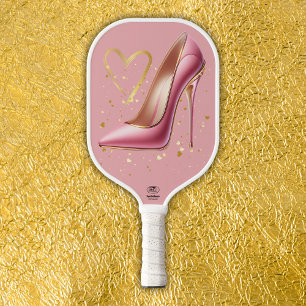 Pink high heels with gold hearts   pickleball paddle
