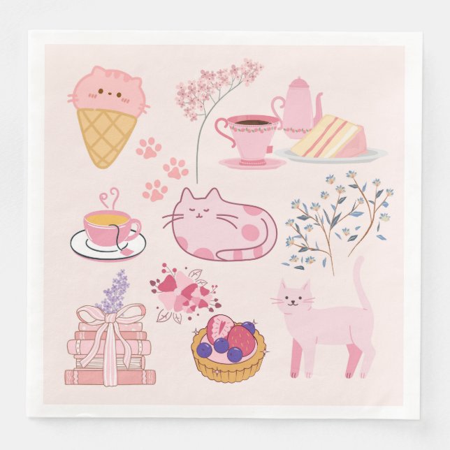 Pink High Tea Cats Napkin (Front)