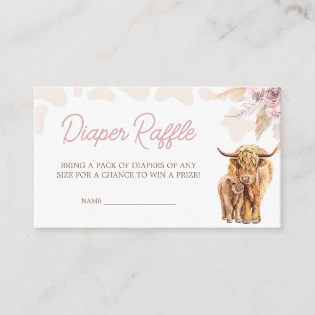 Pink Highland Cow Baby Shower Diaper Raffle Enclosure Card (Front)