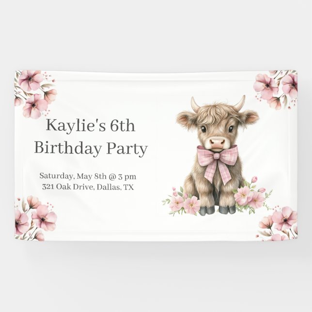 Pink Highland Cow Birthday Party Banner (Horizontal)