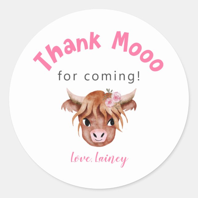 Pink Highland Cow Birthday Party Favour  Classic Round Sticker (Front)