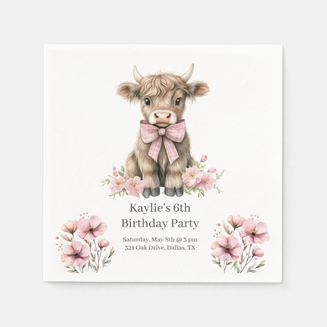 Pink Highland Cow Birthday Party Napkin (Front)
