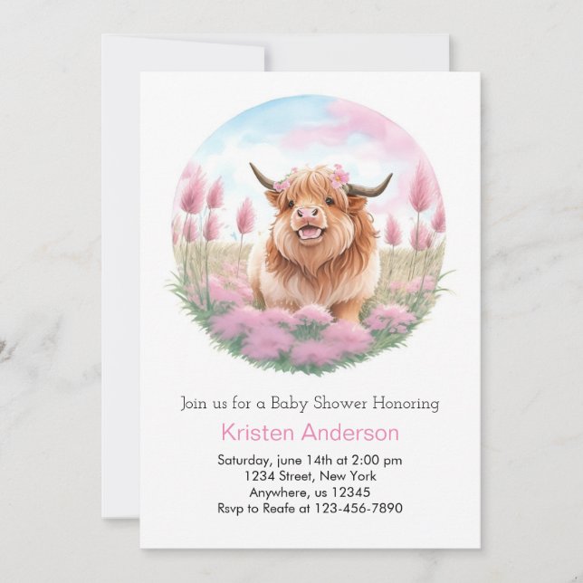 Pink Highland Cow Blissful Girl Baby Shower Invitation (Front)