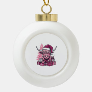 Pink Highland Cow Christmas Gifts Vintage Art_1 Ceramic Ball Christmas Ornament