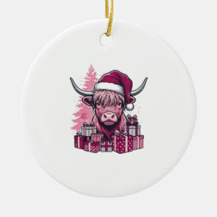 Pink Highland Cow Christmas Gifts Vintage Art_1 Ceramic Ornament