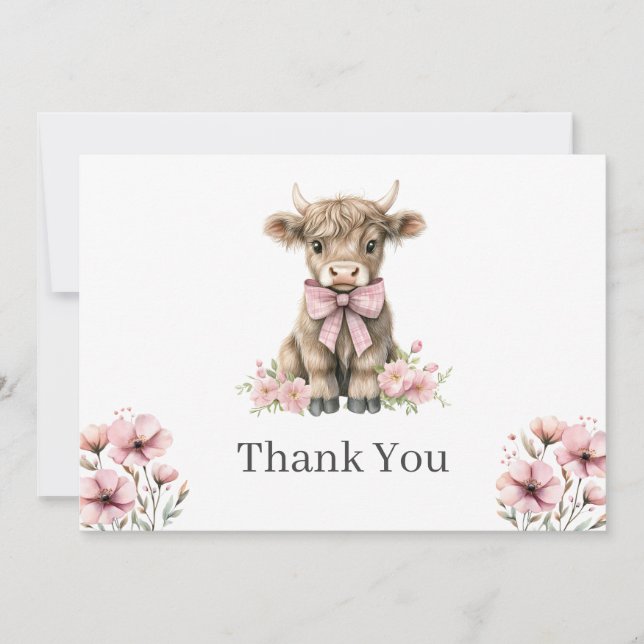 Pink Highland Cow Flat Thank You Card (Front)