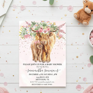 Pink Highland Cow Floral Baby Shower Acrylic Invitations