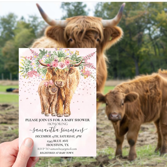 Pink Highland Cow Floral Baby Shower  Acrylic Invitations (Creator Uploaded)