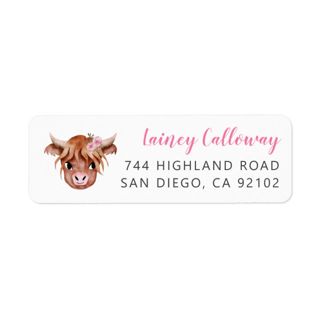 Pink Highland Cow Return Address Label (Front)