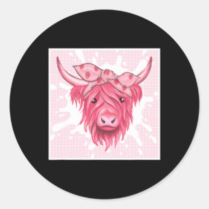 Pink Highland Cow Strawberry Aesthetic Cottagecore Classic Round Sticker