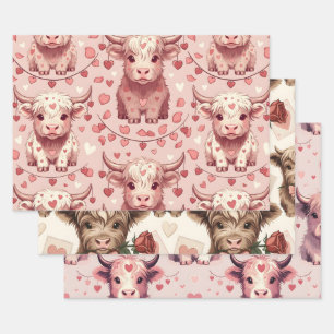 Pink Highland Cow Valentine Hearts Roses Wrapping Paper Sheet
