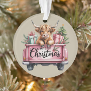 Pink Highland Cow Xmas Girly Fluffy Cow In Truck Ornament