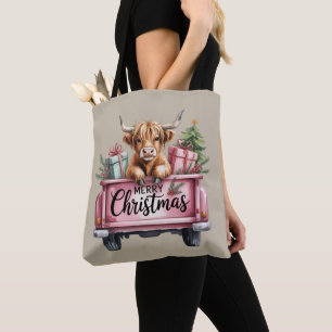 Pink Highland Cow Xmas Girly Fluffy Cow In Truck Tote Bag