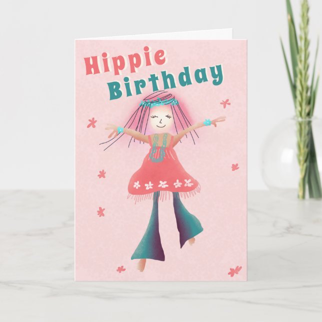 Pink Hippie Birthday Groovy Girl Flower Power Boho Card (Front)