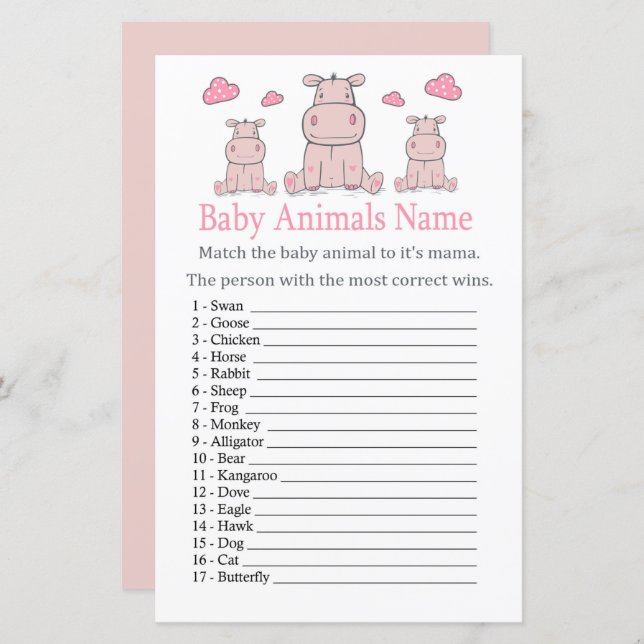 Pink Hippo Baby Animals Name Game (Front/Back)