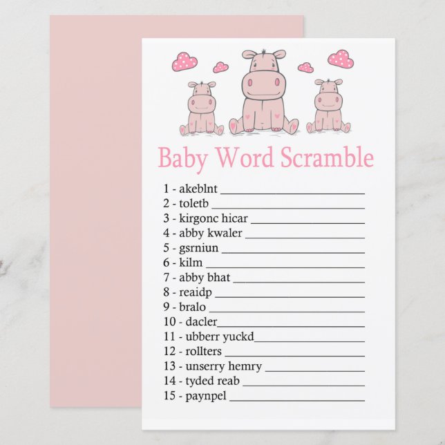 Pink Hippo Baby word scramble game (Front/Back)