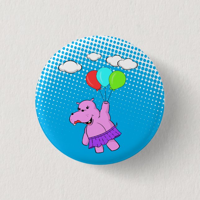 Pink Hippo Flying With Balloons 1 Inch Round Button (Front)