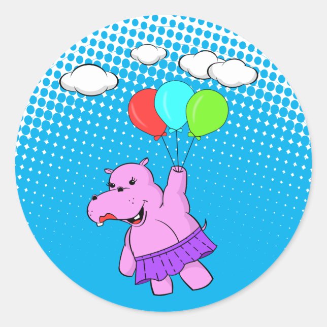 Pink Hippo Flying With Balloons Classic Round Sticker (Front)