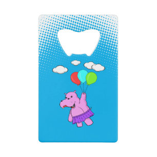Pink Hippo Flying With Balloons Credit Card Bottle Opener