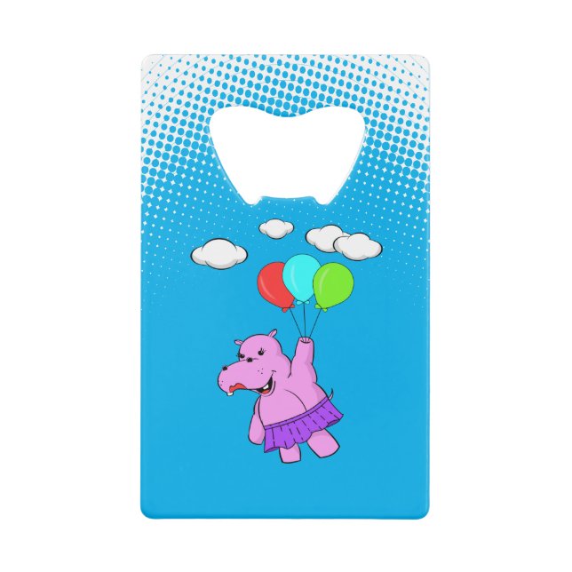 Pink Hippo Flying With Balloons Credit Card Bottle Opener (Front)
