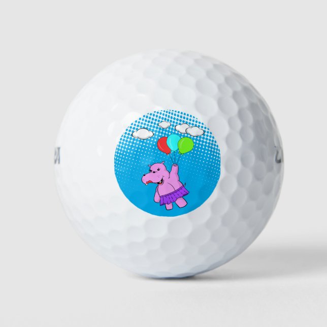 Pink Hippo Flying With Balloons Golf Balls (Front)