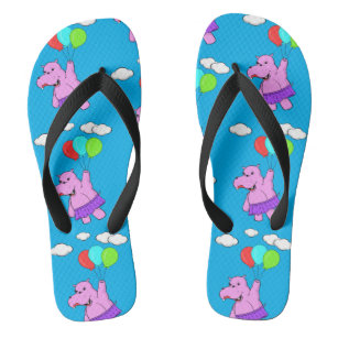Pink Hippo Flying With Balloons In Blue Sky Flip Flops