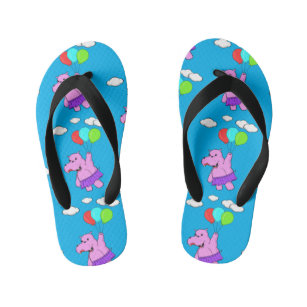 Pink Hippo Flying With Balloons In Blue Sky Kid's Flip Flops