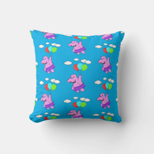 Pink Hippo Flying With Balloons In Blue Sky Throw Pillow