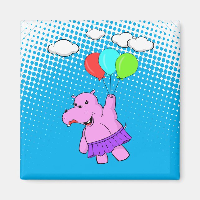 Pink Hippo Flying With Balloons Magnet (Front)