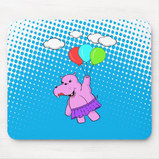 Pink Hippo Flying With Balloons Mouse Pad (Front)