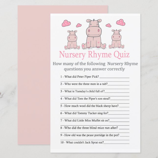 Pink Hippo Nursery Rhyme Quiz baby shower game (Front/Back)