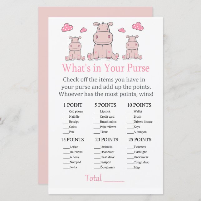 Pink Hippo What's in your purse game (Front/Back)