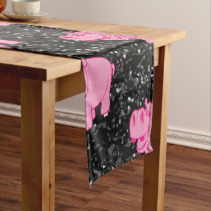 Pink Hippos Cute Hippopotamus Smiling Face Short Table Runner