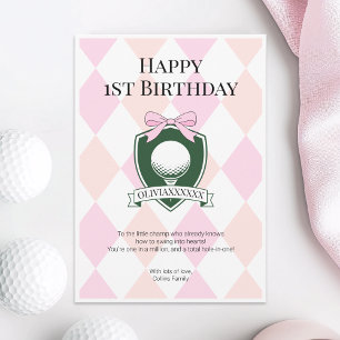  Pink Hole in One Girl Golf Happy 1st Birthday Card
