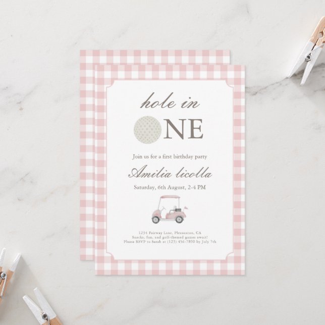 Pink Hole in One Golf Birthday Invitation (Front/Back In Situ)