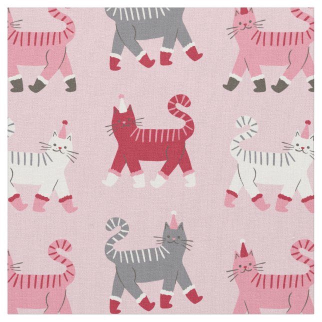Pink Holiday Cats  Fabric (Close Up)