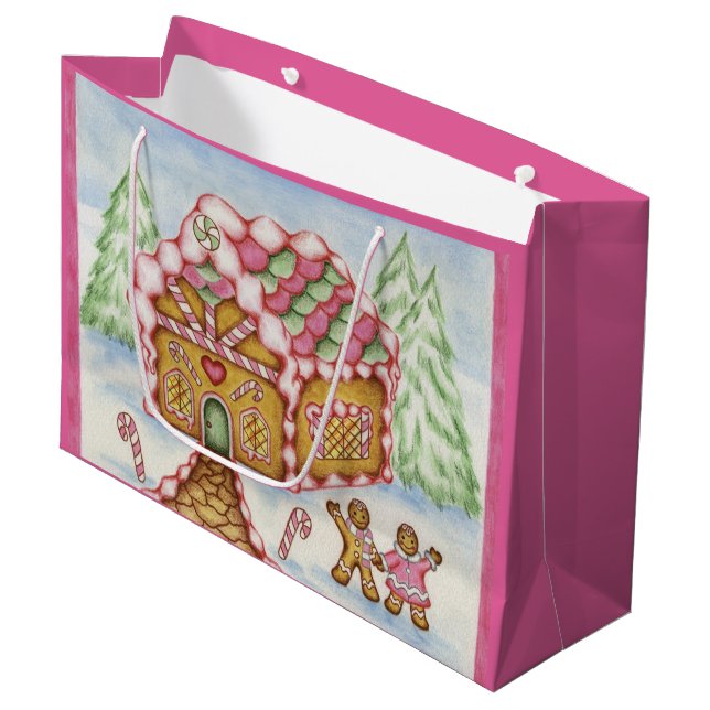 Pink Holiday Gingerbread House Gift Bag (Front Angled)