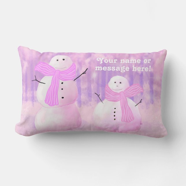 Pink Holiday Personalized Snowman Throw Pillow (Front)