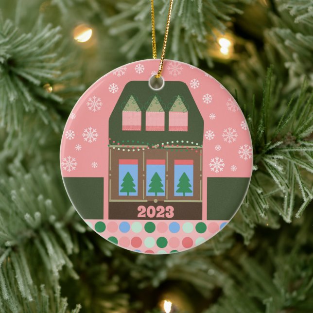 Pink Holiday Village Ceramic Ornament (Tree)