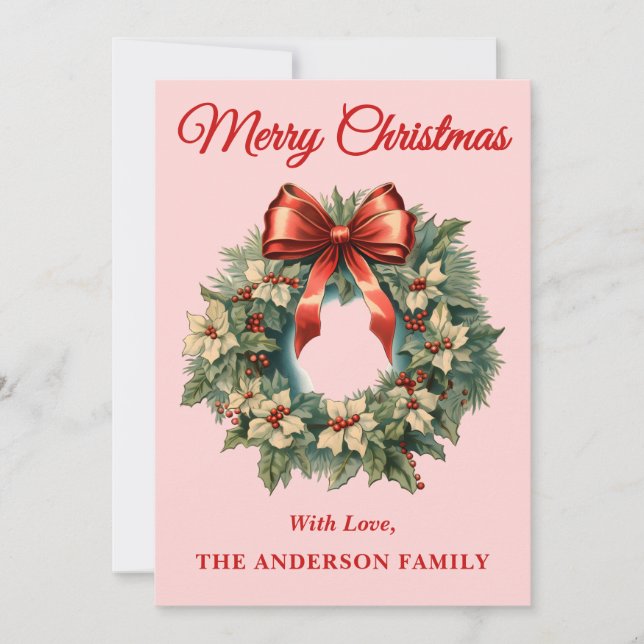 Pink Holly Berry Christmas Wreath Holiday Card (Front)