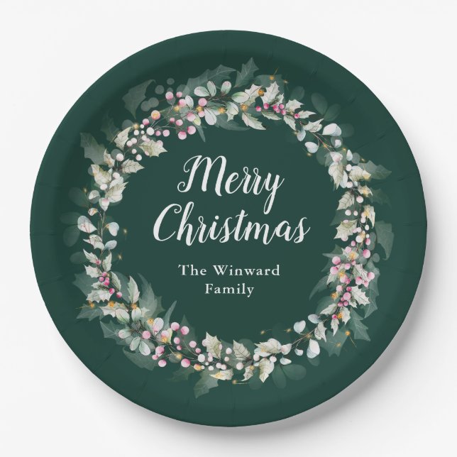 Pink Holly Wreath Merry Christmas Paper Plate (Front)