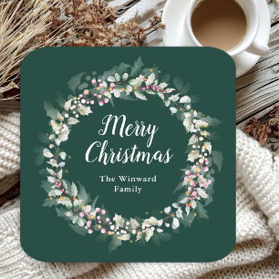 Pink Holly Wreath Merry Christmas Square Paper Coaster