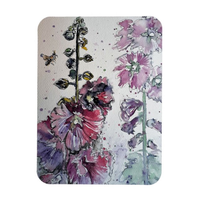 Pink Hollyhock Floral Flowers Watercolor Magnet (Vertical)