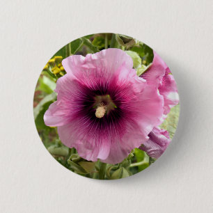 PINK HOLLYHOCK FLOWER 2 INCH ROUND BUTTON