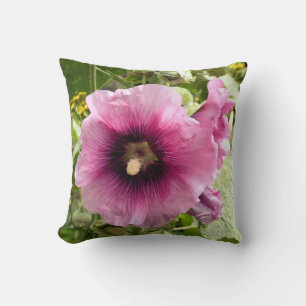 PINK HOLLYHOCK FLOWER THROW PILLOW