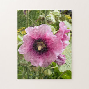 PINK HOLLYHOCK FLOWERS JIGSAW PUZZLE